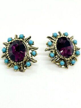 VINTAGE SUNBURST CLIP Earrings Purple Blue Rhinestone Gold Tone